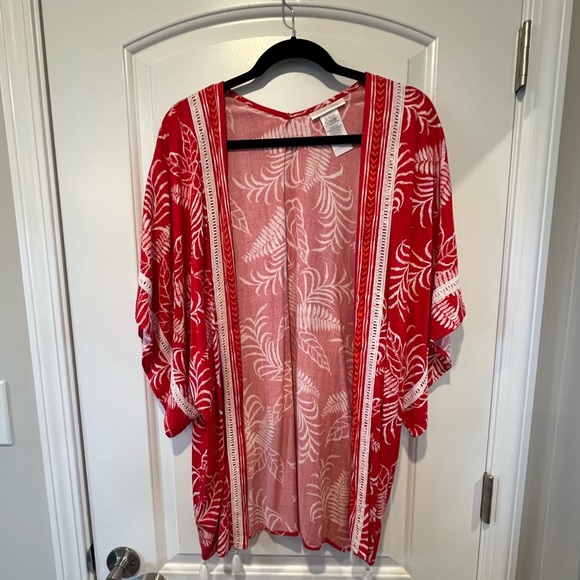 La Blanca - Tropical Tapestry Tassel Trim Cardigan Kimono Coverup - Red - NWOT - Picture 3 of 5